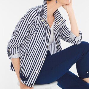 Chicos Luxe Twill Striped Utility Jacket 3 US XL Navy Blue White Striped Lace
